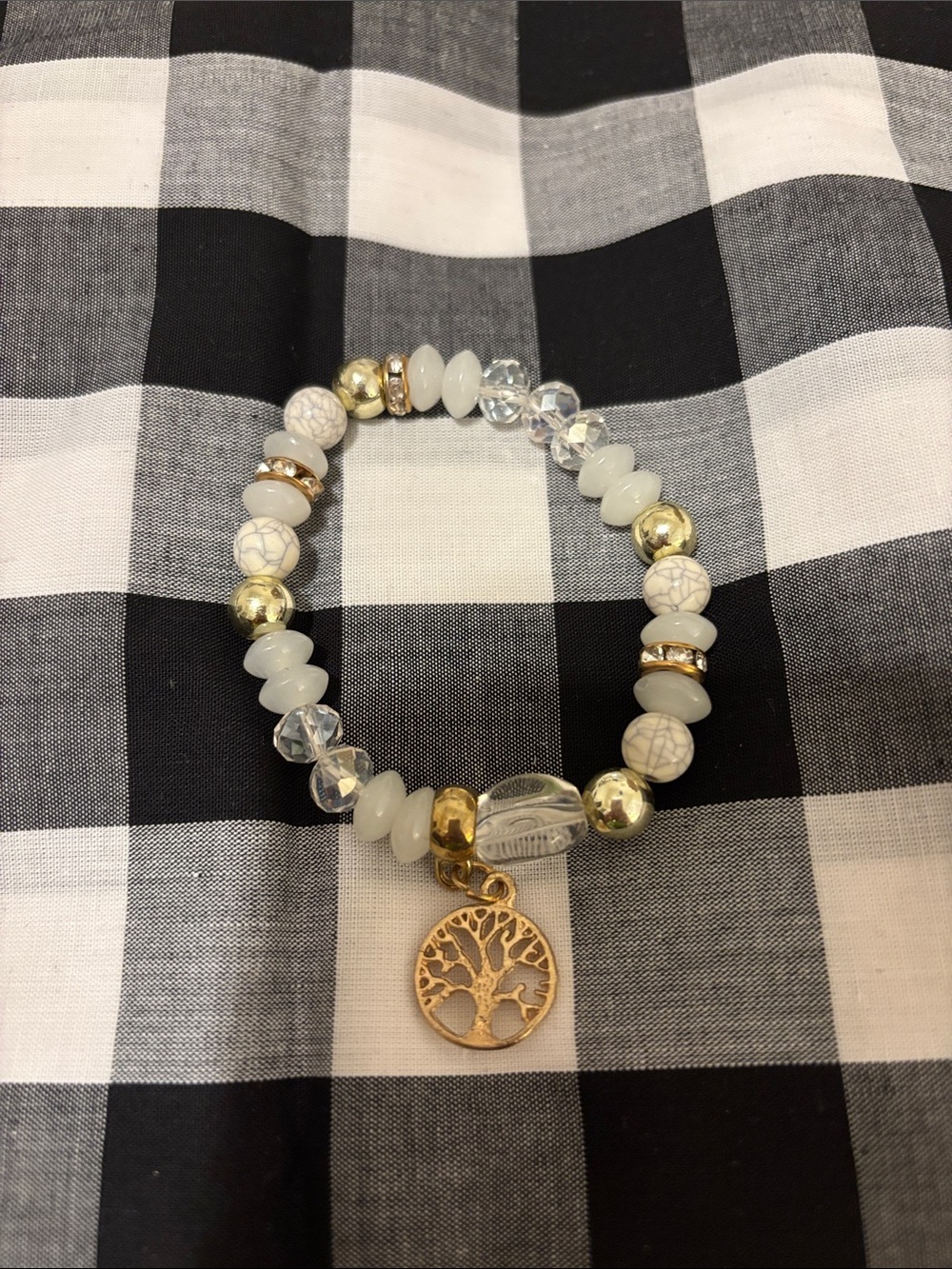 Gold & White Tree of Life Beaded Stretch Bracelet